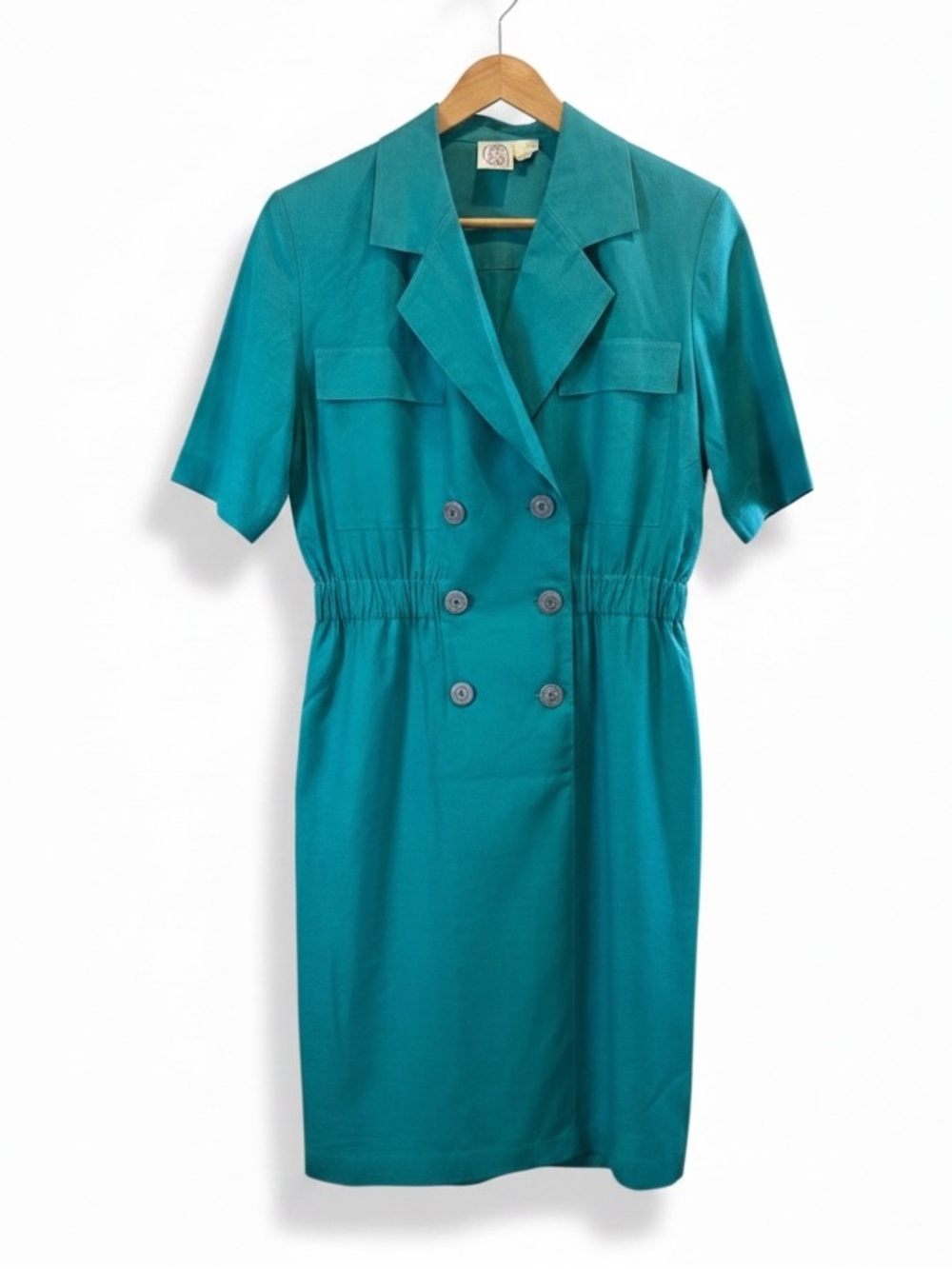 Vintage JG Hook Linen Teal Double-Breasted Short Sleeve Dress